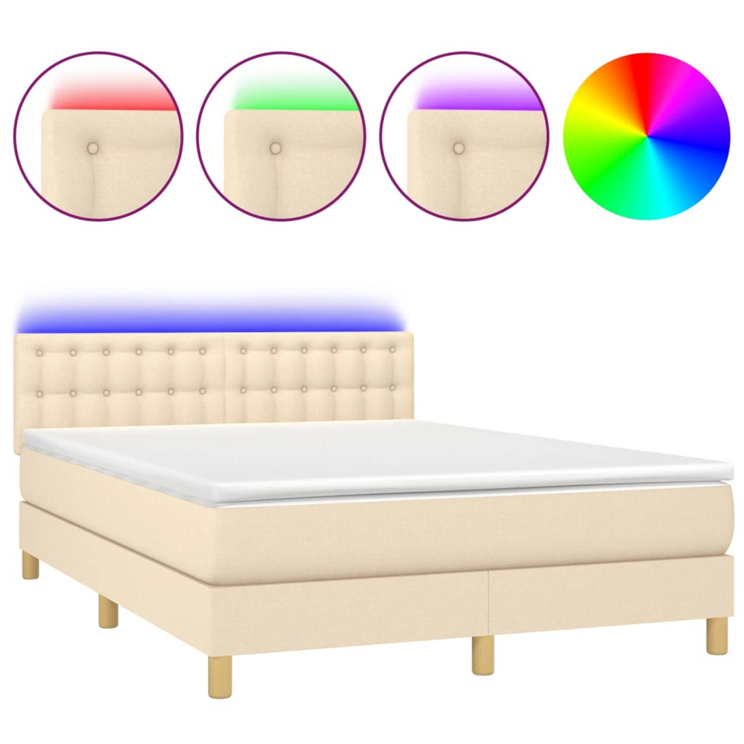 The Living Store Boxspring Fortuna - Bed met Matras en LED - 140 x 190 cm - Crème - Duurzaam Materiaal - Verstelbaar