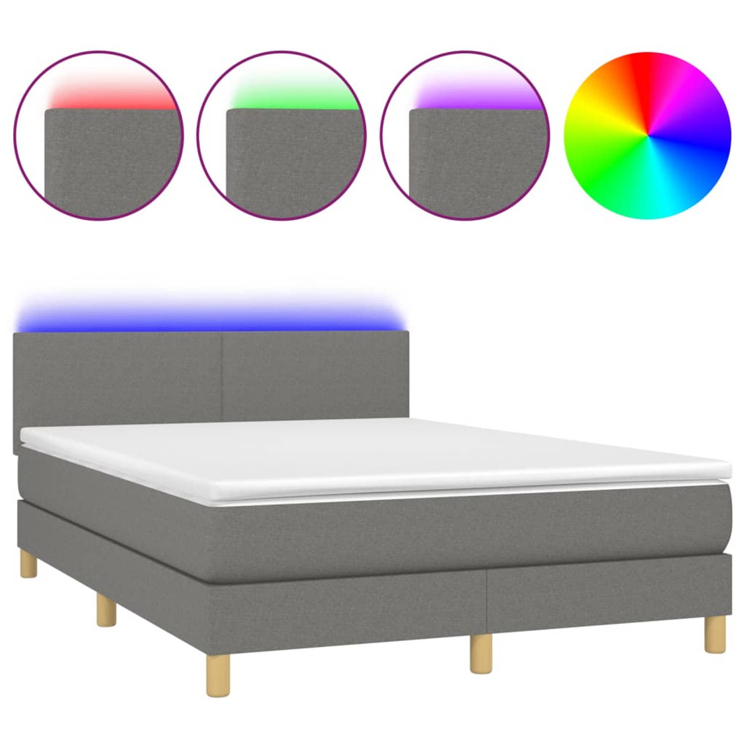 The Living Store Boxspring Bed - Donkergrijs - 203 x 144 x 78/88 cm - verstelbaar hoofdbord - met kleurrijke LED-verlichting - pocketvering matras - huidvriendelijk topmatras - inc