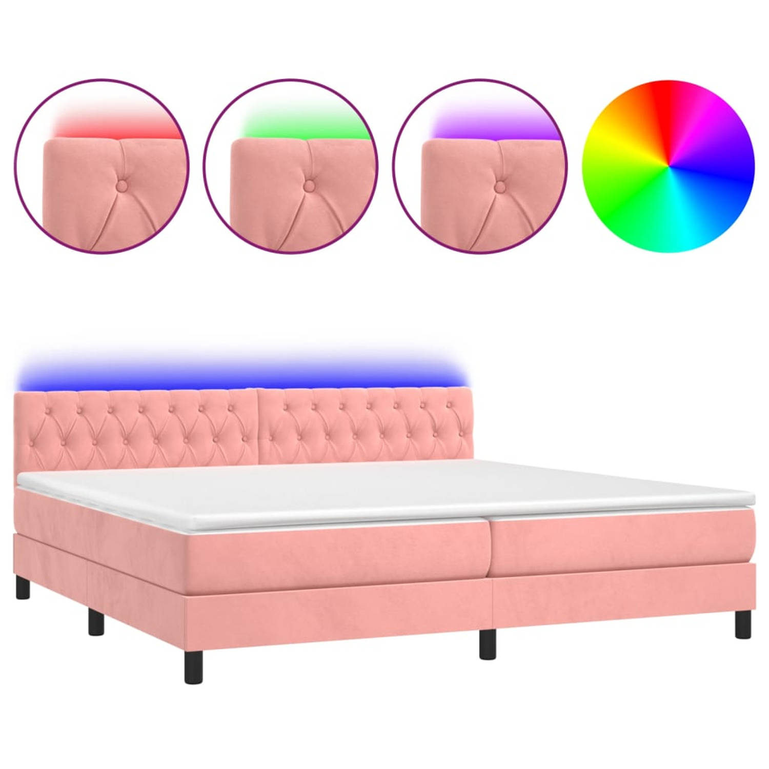 The Living Store Boxspring Bed - Roze Fluweel - 203 x 200 x 78/88 cm - Pocketvering Matras - Huidvriendelijk topmatras - Met Kleurrijke LED