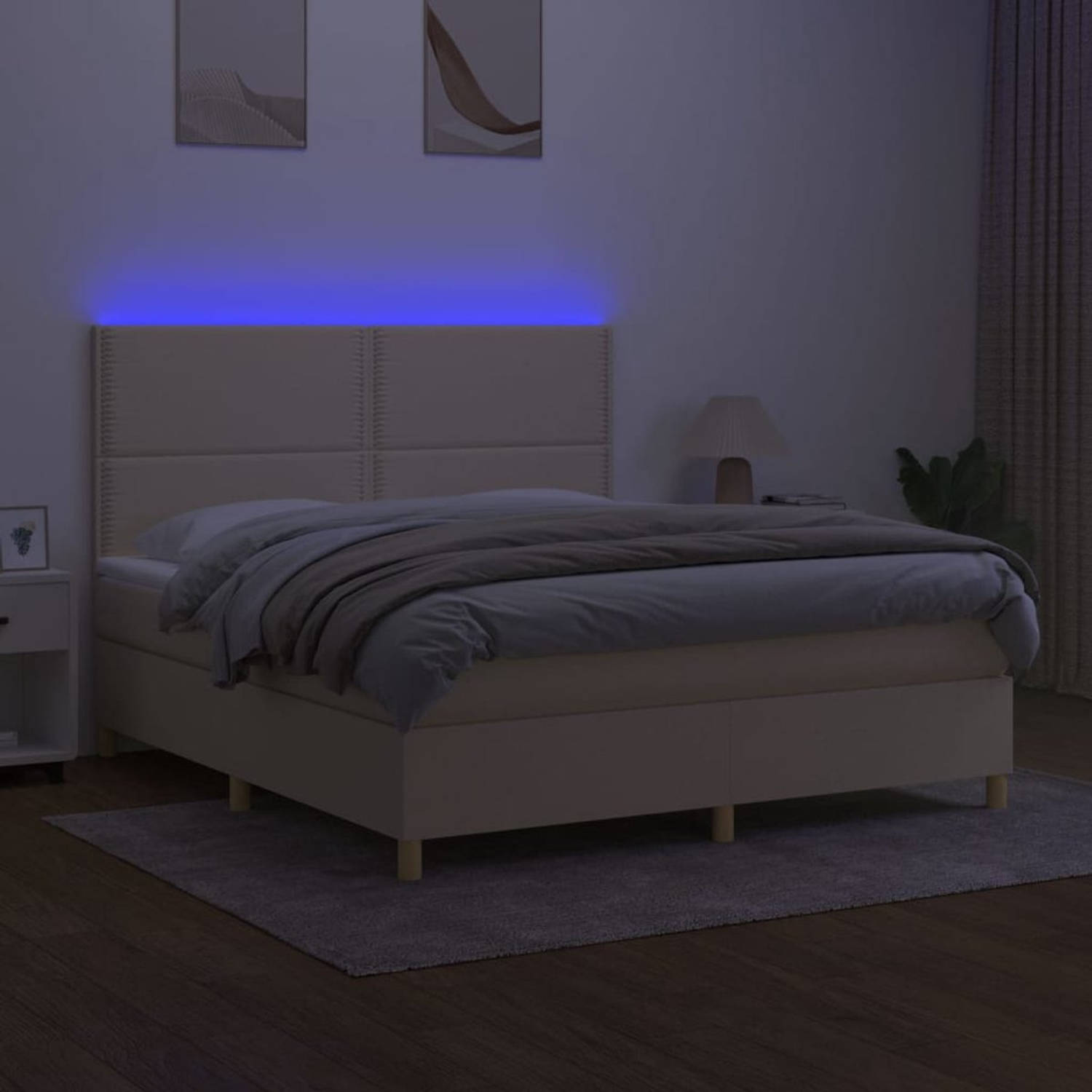 The Living Store Boxspring - Crème - 203 x 180 x 118/128 cm - Verstelbaar hoofdbord - LED-verlichting - Pocketvering matras - Huidvriendelijk topmatras - Inclusief montagehandleidi