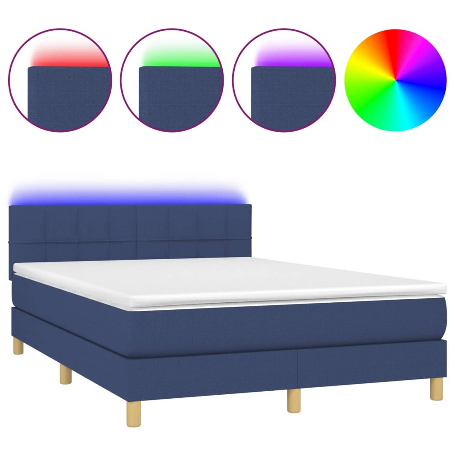 The Living Store Boxspring Bed - Blauw - 193 x 144 cm - Verstelbaar hoofdbord - Pocketvering matras - Huidvriendelijk topmatras - Kleurrijke LED-verlichting