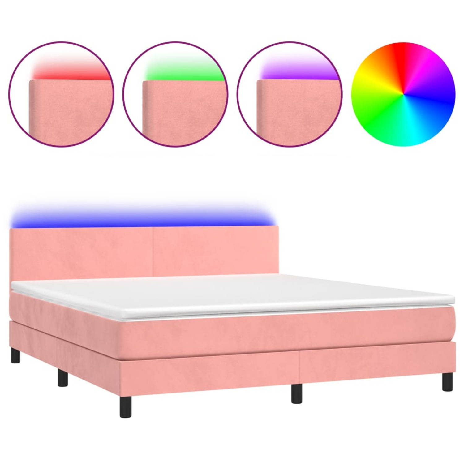 The Living Store Boxspring Bed - Roze Fluwelen Bed - 203x160x78/88cm - Verstelbaar hoofdbord - Kleurrijke LED-verlichting - Pocketvering Matras - Huidvriendelijk Topmatras - 5V USB