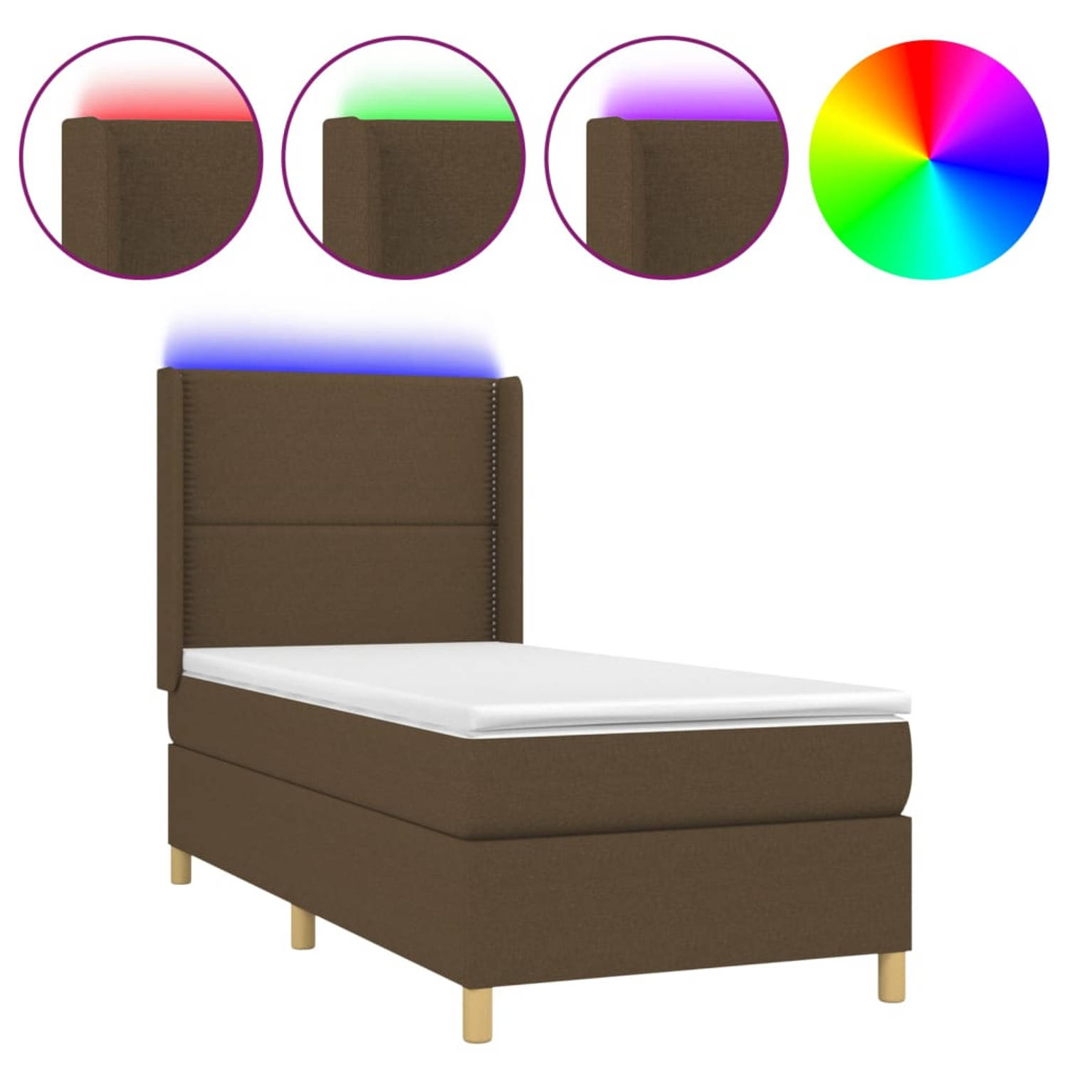 The Living Store Boxspring - Donkerbruin - 193 x 93 x 118/128 cm - Verstelbaar hoofdbord - Kleurrijke LED-verlichting - Pocketvering matras - Huidvriendelijk topmatras - Inclusief