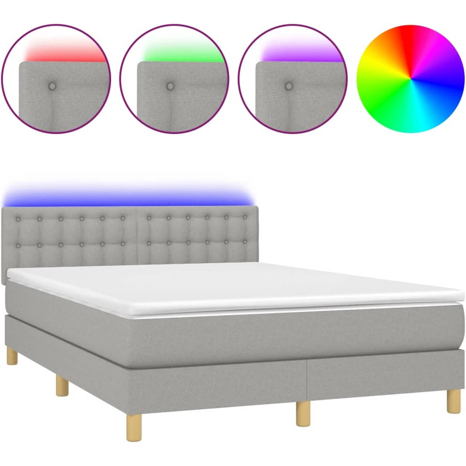 The Living Store Boxspring Bed - LED Verlichting - Pocketvering Matras - Huidvriendelijk Matrasbeschermer - Lichtgrijs