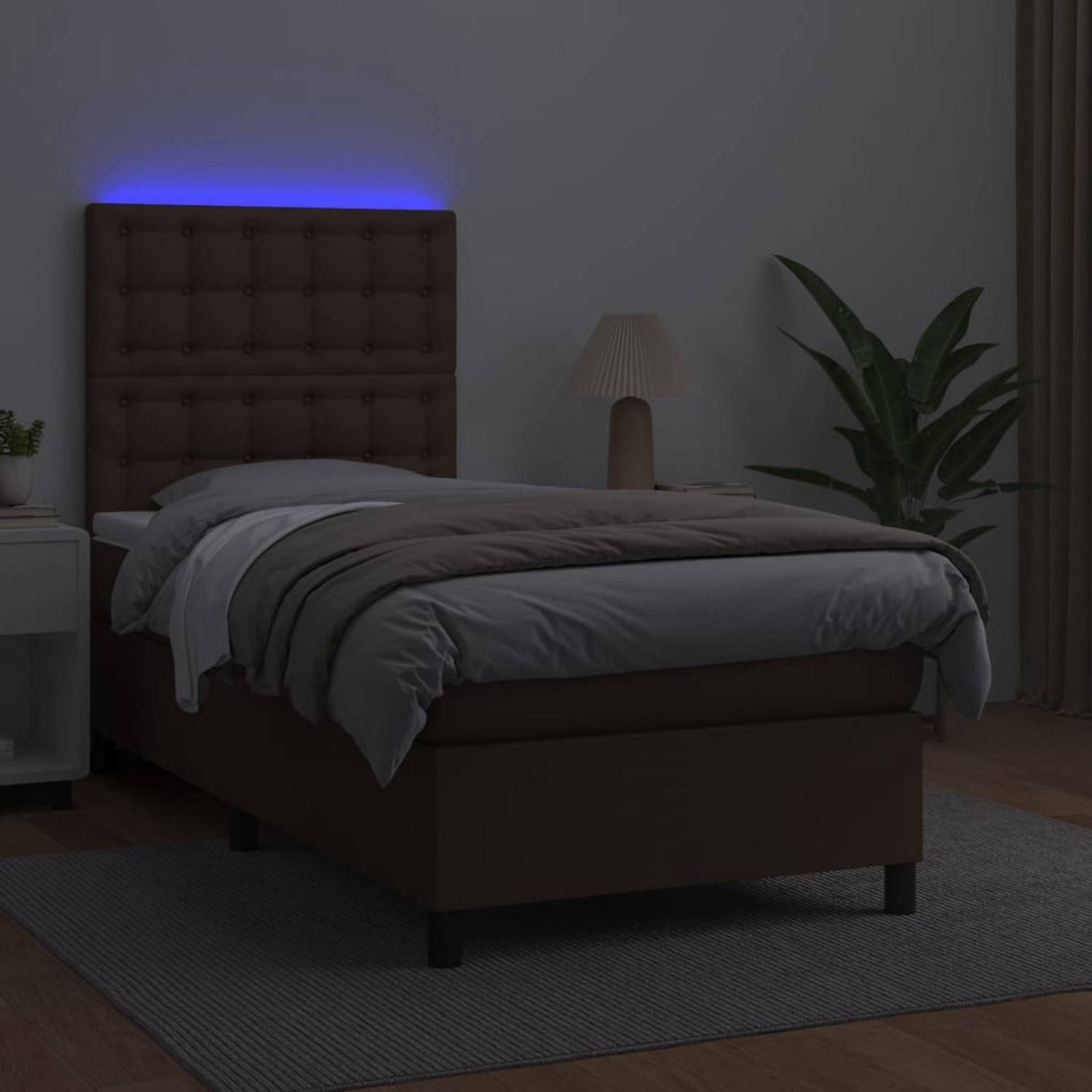 The Living Store Boxspring - LED - Bruin - Kunstleer - 203 x 80 x 118/128 cm - Pocketvering matras - Huidvriendelijk