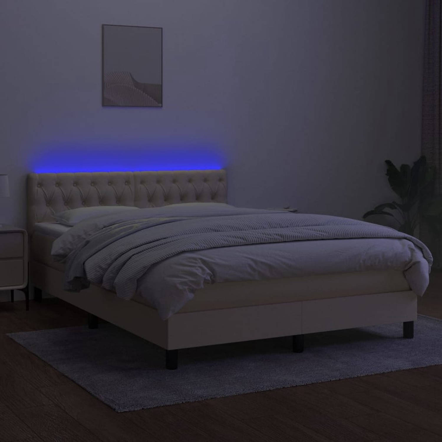 The Living Store Boxspring Bed - Crème - 193 x 144 x 78/88 cm - LED-verlichting - Pocketvering matras - Huidvriendelijk topmatras - Montagehandleiding inbegrepen - USB-aansluiting