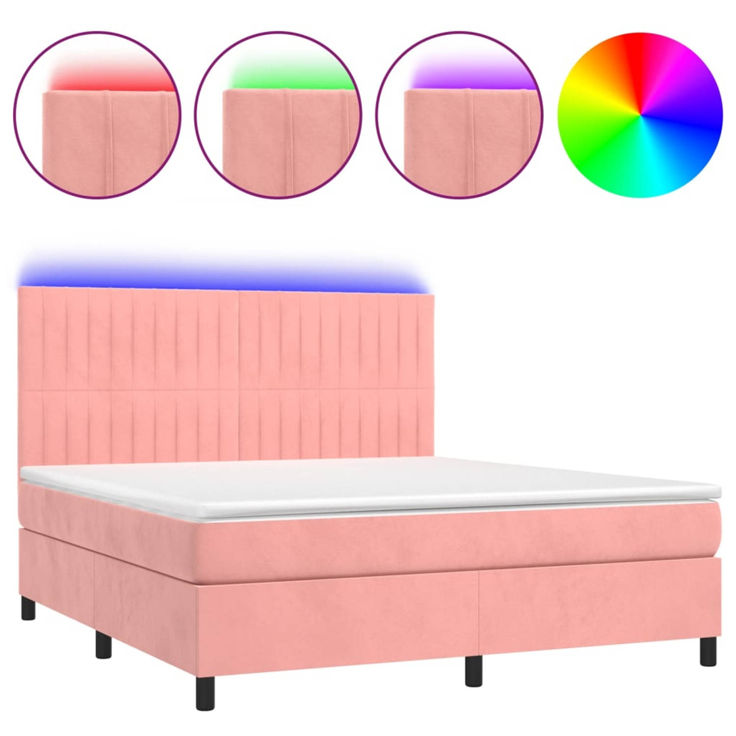 The Living Store Boxspring Bed - Luxueus bed met LED-verlichting - 180x200 cm - Materiaal- Fluweel - Mattress- Pocketvering - schuim - Topmatras- Schuim - Kleur- Roze