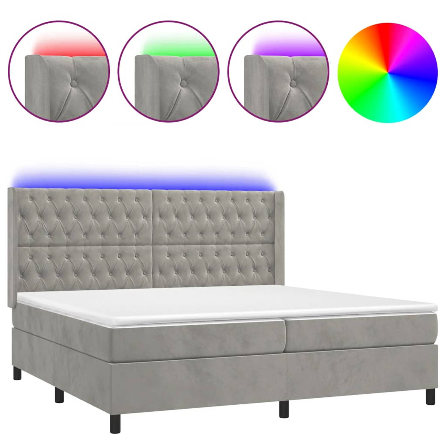 The Living Store Boxspring met matras en LED fluweel lichtgrijs 200x200 cm - Bed