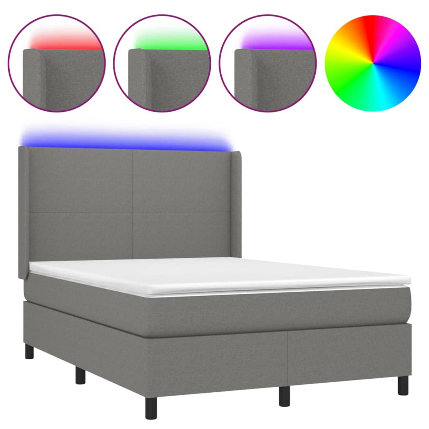 The Living Store Bed LED Boxspring - 140x200 cm - Donkergrijs - Pocketvering en schuim - Met verstelbaar hoofdbord - Met kleurrijke LED-verlichting - Inclusief matras en topmatras