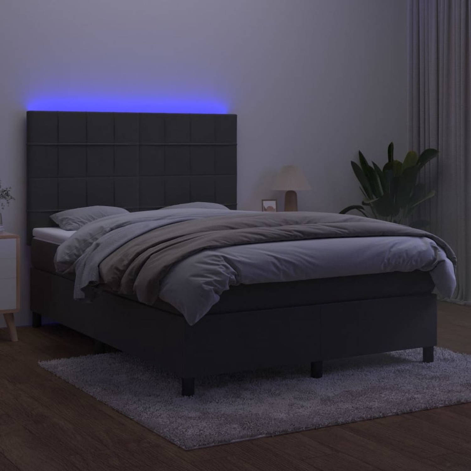 The Living Store Boxspring Bed - Donkergrijs Fluweel - 193 x 144 x 118/128 cm - Verstelbaar hoofdbord - Kleurrijke LED-verlichting - Pocketvering matras - Huidvriendelijk topmatras