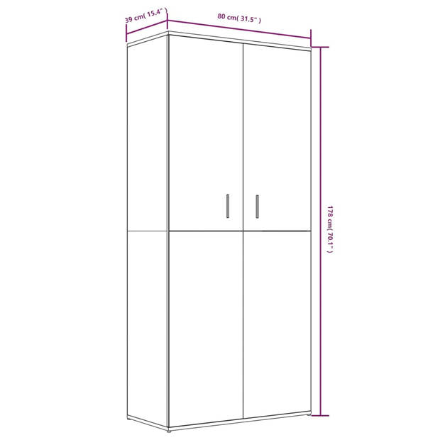 The Living Store Schoenenkast Bruineiken - 80x39x178 cm - 2 deuren - 6 vakken