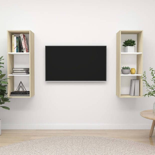 The Living Store Televisiewandmeubelset - wit en sonoma eiken - 37 x 37 x 107 cm - 2 x tv-meubel