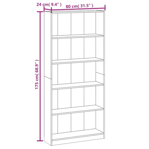 The Living Store Boekenkast - Bruineiken - 80 x 24 x 175 cm - 5-laags