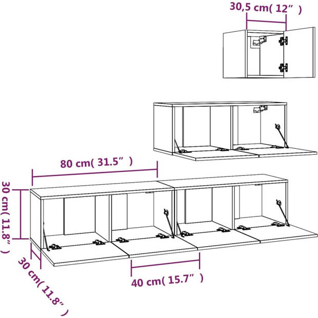 The Living Store TV-meubelset - Hoogglans wit - Bewerkt hout - Bovenste tv-meubel- 30.5 x 30 x 30 cm - Middelste