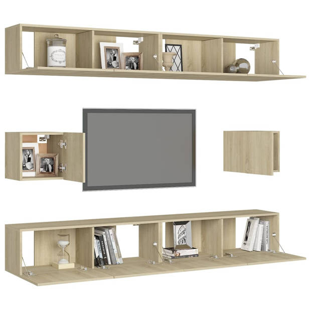 The Living Store TV-meubelset Sonoma Eiken - 4x 100x30x30 cm + 2x 30.5x30x30 cm - Bevestiging aan muur - Stereokasten -