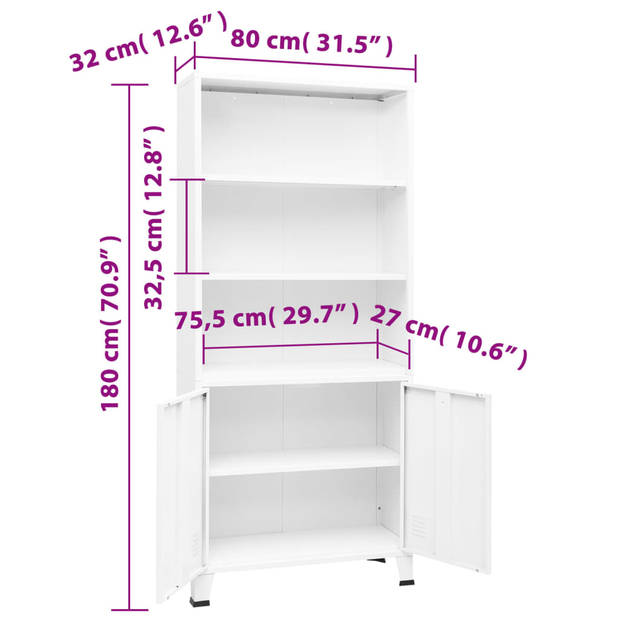 The Living Store Boekenkast - Staal - Wit - 80 x 32 x 180 cm - Industriële stijl