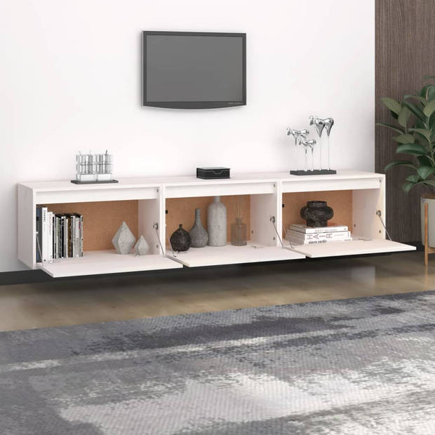The Living Store TV-meubel Wit Massief Grenenhout - 60 x 30 x 35 cm - Set van 3
