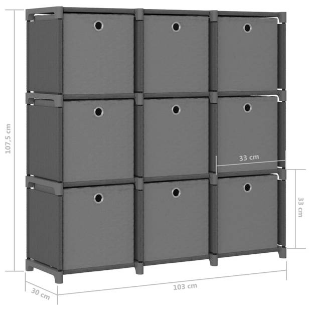 The Living Store Vakkenkast - Grijs stof (103x30x107.5 cm) - Met 9 vakken en 9 boxen