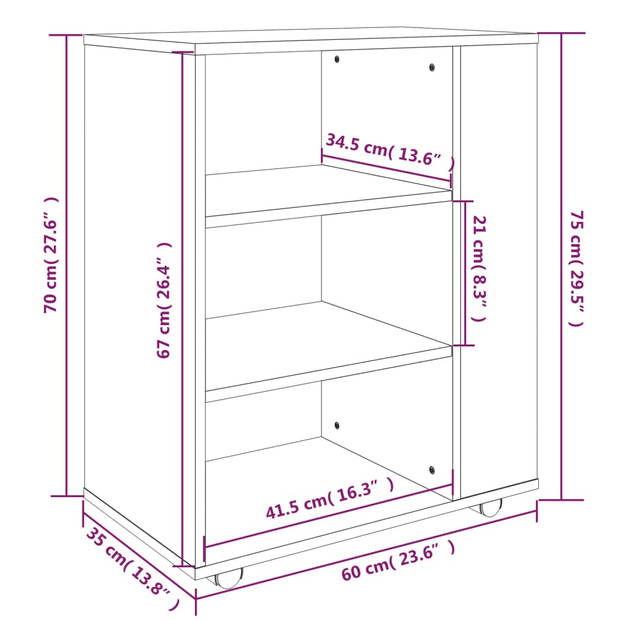 The Living Store Verrijdbare Kast - Bureauopberger - 60 x 35 x 75 cm - Bruineiken