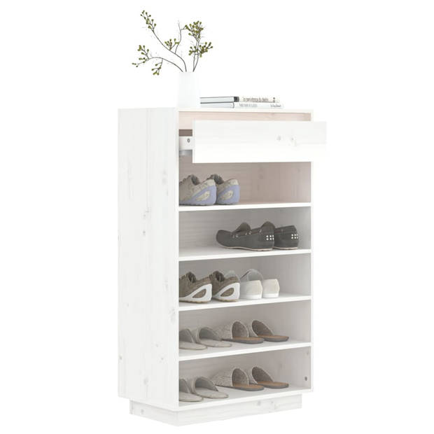 The Living Store Houten Schoenenkast - 60 x 34 x 105 cm - Wit - Massief Grenenhout