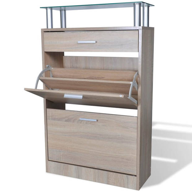 The Living Store Schoenenkast Eiken - Houten kast met lade en glazen schap - 63 x 24 x 104 cm