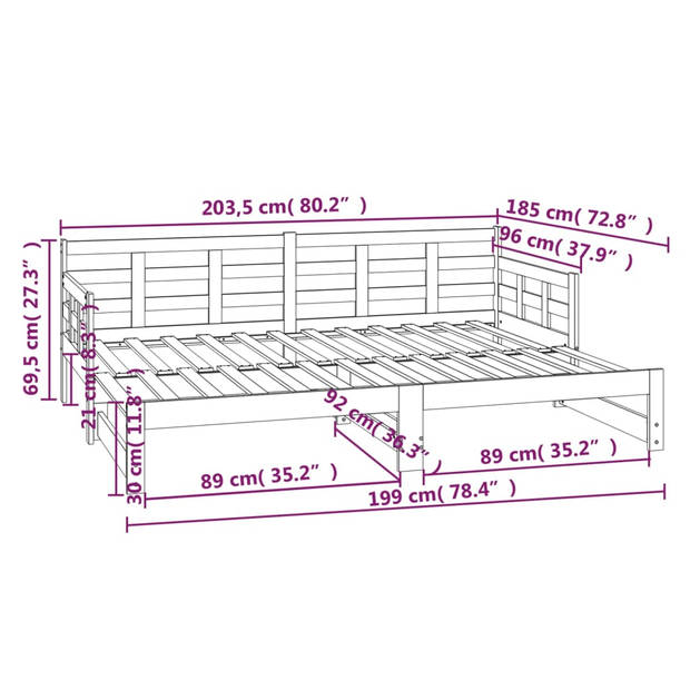 vidaXL Slaapbank uitschuifbaar massief grenenhout wit 2x(90x200) cm