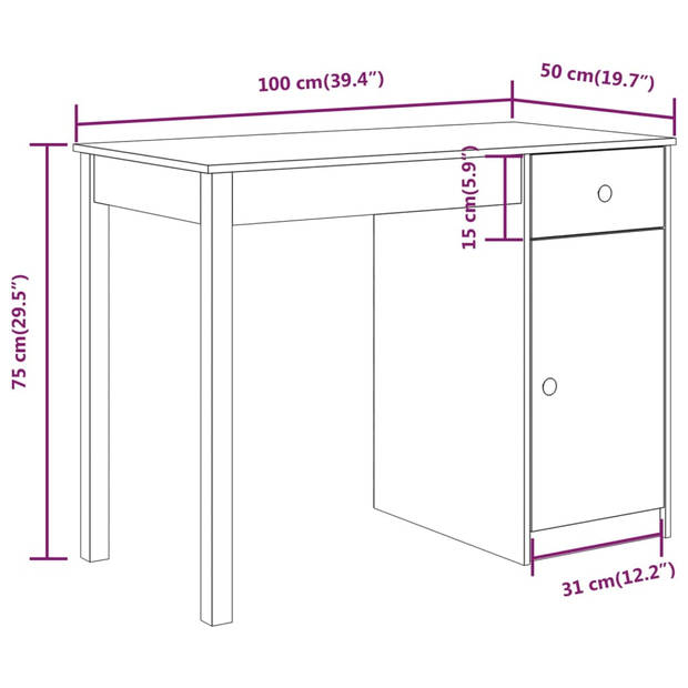 The Living Store Bureau - Grenenhout - 100x50x75 cm - Met lade en kast - Wit