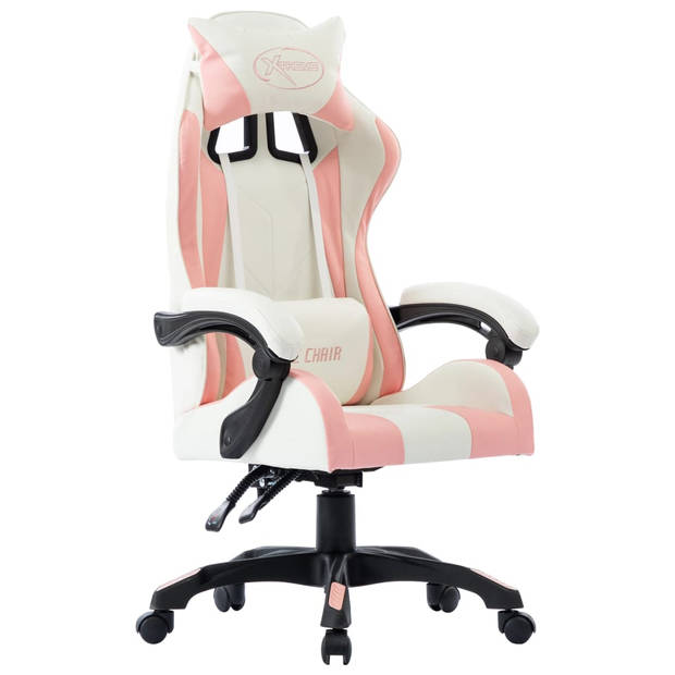 The Living Store Racestoel Gaming - Kunstleer - Roze/Wit - 64x65x119 cm - Gasveer en verstelmechanisme