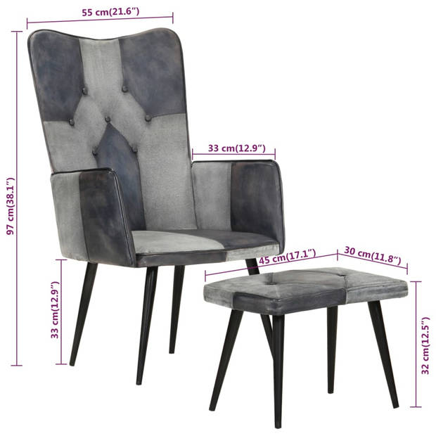 The Living Store Loungefauteuil met Voetenbank - Grijs - 55x43x97cm - Echt leer