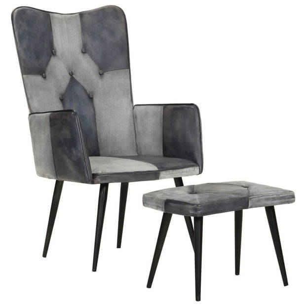 The Living Store Loungefauteuil met Voetenbank - Grijs - 55x43x97cm - Echt leer