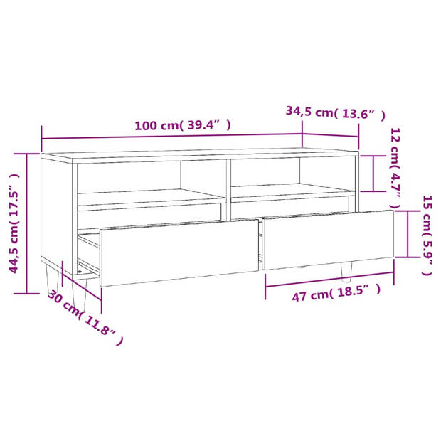 vidaXL Tv-meubel 100x34,5x44,5 cm bewerkt hout bruin eikenkleur