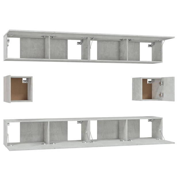 The Living Store TV-meubelset Betongrijs 4x 100x30x30 - 2x 30.5x30x30cm - Wandgemonteerd - Bewerkt hout - Stevig