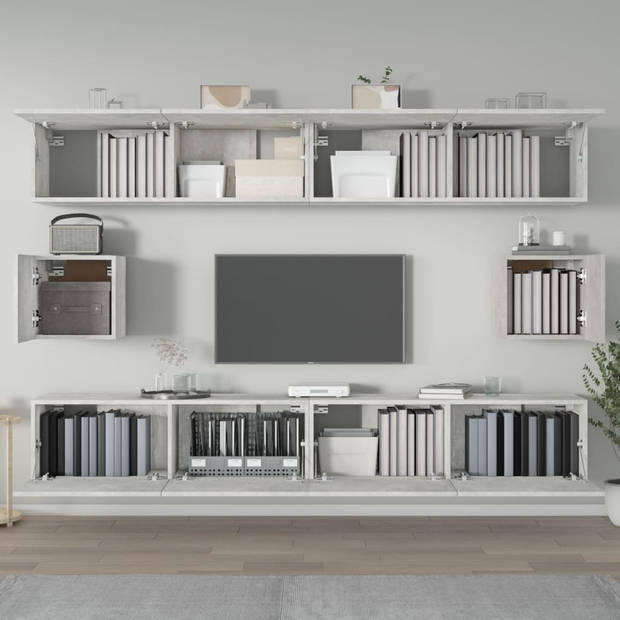 The Living Store TV-meubelset Betongrijs 4x 100x30x30 - 2x 30.5x30x30cm - Wandgemonteerd - Bewerkt hout - Stevig