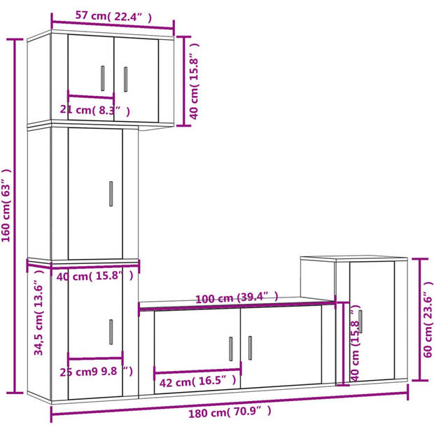 The Living Store TV-meubelset - Betongrijs - 57 x 34.5 x 40 cm / 100 x 34.5 x 40 cm / 40 x 34.5 x 60 cm