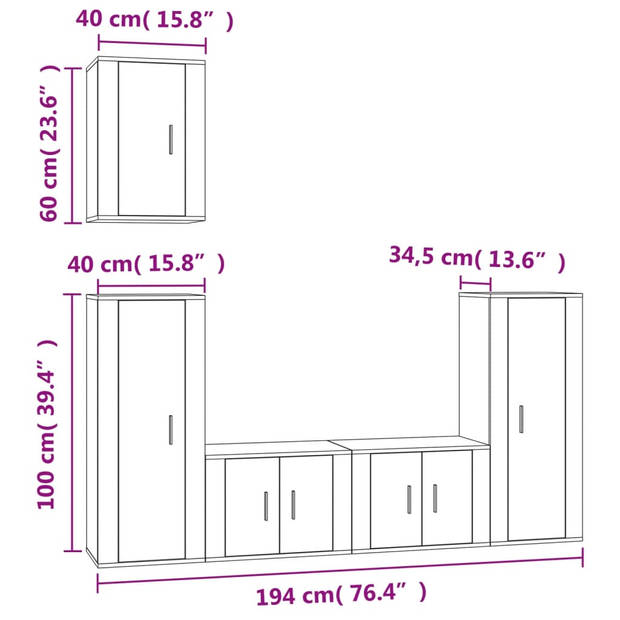 The Living Store Tv-meubel set - 2x 57x34.5x40 cm - 2x 40x34.5x100 cm - 1x 40x34.5x60 cm - Hoogglans wit