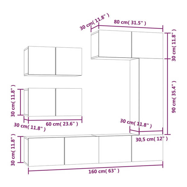 The Living Store Televisiemeubelset - Sonoma Eiken - 80 x 30 x 30 cm - 30.5 x 30 x 90 cm - 60 x 30 x 30 cm