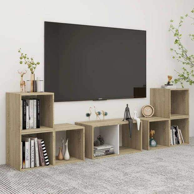 The Living Store TV-meubelset Sonoma Eiken - 4x 37x35x37cm - 2x 72x35x36.5cm - wit hifi-kastenset