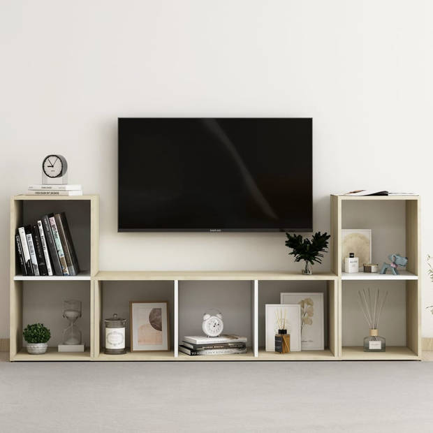 The Living Store Televisiekastenset Milano - 72x35x36.5 cm - 107x35x37 cm - wit/sonoma eiken