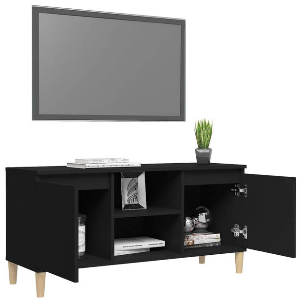 The Living Store Televisiemeubel - zwart - 103.5 x 35 x 50 cm - met 4 houten poten - 2 schappen en 2 vakken