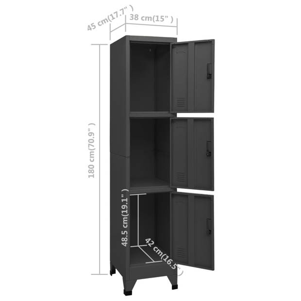 The Living Store Lockerkast - Moderne opbergkast - 38 x 45 x 180 cm - Staal - Antraciet