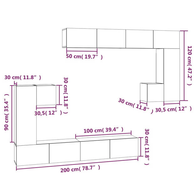 The Living Store TV meubel Sonoma eiken - Set van 2 (S) - 2 (M) en 4 (L) - Bewerkt hout - Afmetingen- 30.5 x 30 x 30