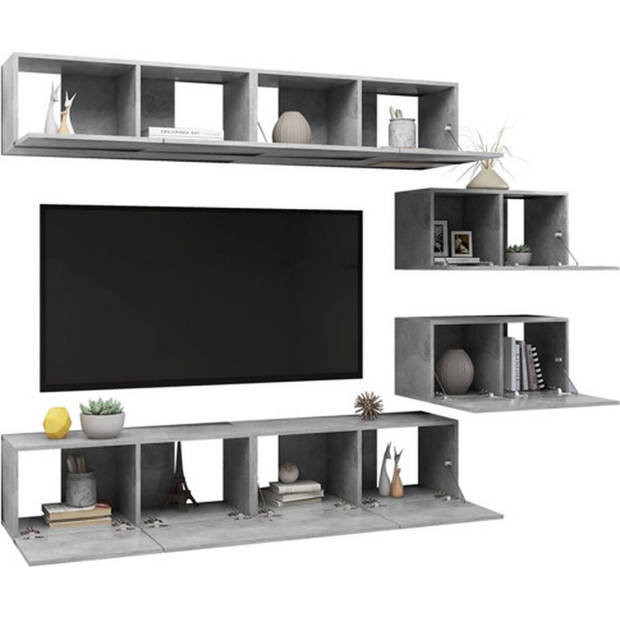 The Living Store Tv-meubelset - Hangend - Spaanplaat - Betongrijs - 80x30x30cm / 60x30x30cm - Montage vereist - 6-delig