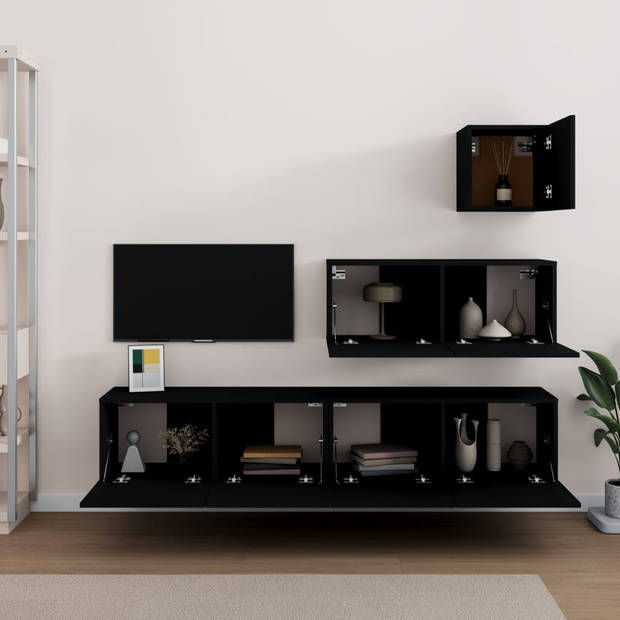 The Living Store TV-meubelset - bewerkt hout - zwart - 30.5x30x30cm - 80x30x30cm - 80x30x30cm