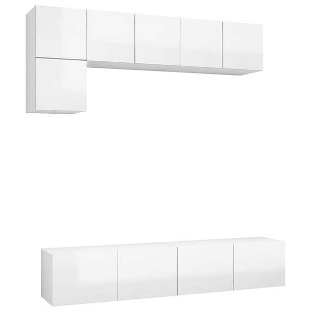 The Living Store TV Meubelset - Hoogglans wit - 3x 60x30x30cm - 2x 80x30x30cm - Muurbevestiging