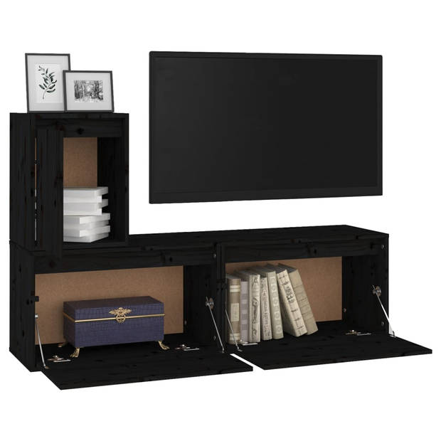 The Living Store Televisiekasten - Klassiek design - Massief grenenhout - Zwarte kleur - 2x 60x30x35 cm - 1x 30x30x40