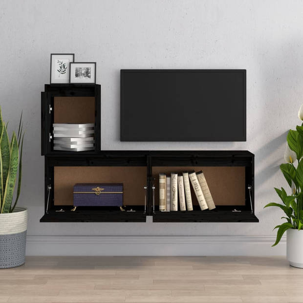 The Living Store Televisiekasten - Klassiek design - Massief grenenhout - Zwarte kleur - 2x 60x30x35 cm - 1x 30x30x40