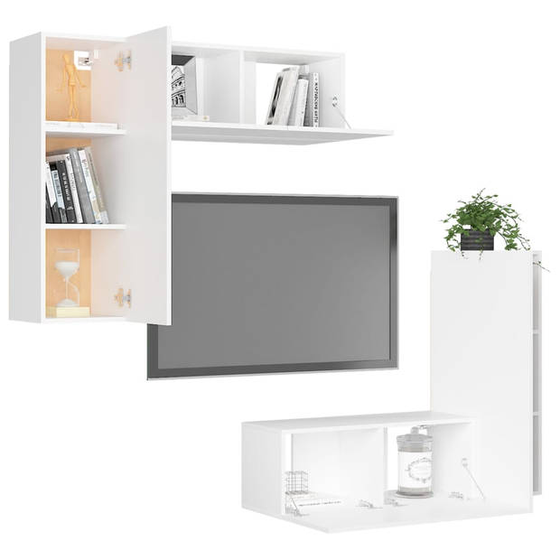 The Living Store - Televisiewandmeubel - Set van 4 - Wit - Spaanplaat - 80x30x30cm - 30.5x30x90cm