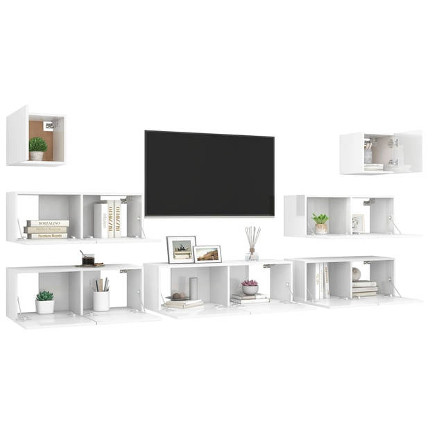 The Living Store Hangende TV-meubelset - Spaanplaat - Hoogglans wit - 4x 80x30x30 cm - 1x 100x30x30 cm - 2x 30.5x30x30