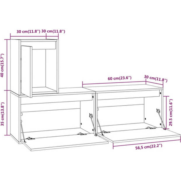 The Living Store Televisiekasten - Klassiek design - Massief grenenhout - Set van 3 - 60x30x35cm - 30x30x40cm -