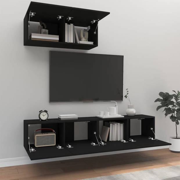 The Living Store TV-meubelset - zwart bewerkt hout - 80 x 30 x 30 cm (L x B x H) - 3 stuks